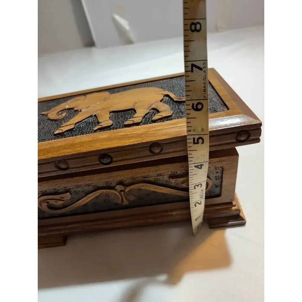 Vintage Wooden Jewelry Box with Elephant Inlay